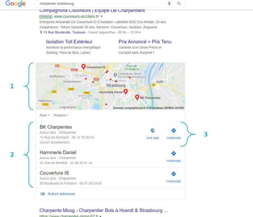 Capture d'écran d'une page de résultat Google montrant les fiches Google My Business du Local Pack