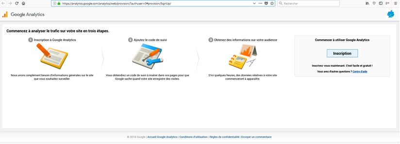 Screenshot de la page d’inscription à Google Analytics