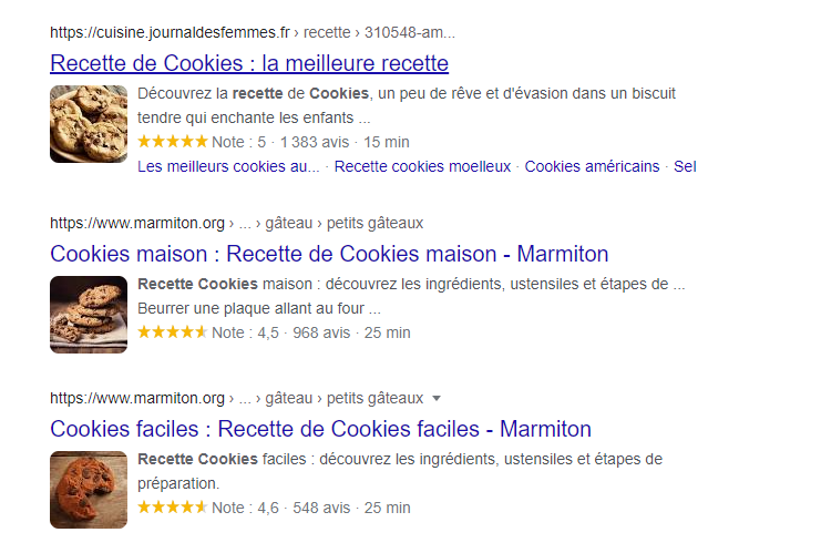 Résultats Google enrichis de recettes de cookies via données structurées