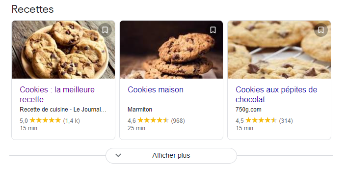 Résultats google enrichis de recettes de cookies via données structurées