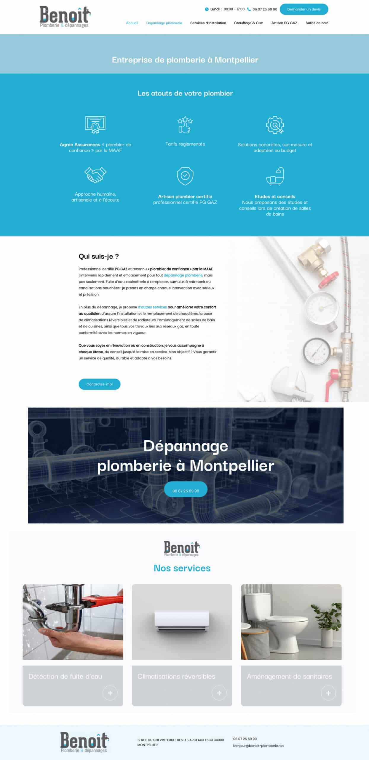 Plomberie & Dépannages à Montpellier | Benoit Artisan Certifié PG GAZ Interface web Benoit Plomberie Montpellier, présentant les services (fuite, clim, sanitaires) et les atouts de l'artisan PG GAZ agréé MAAF.