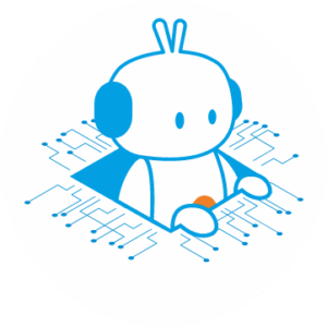 Mascotte Robot IA – Le support technique numérique. Robot mascotte IA blanc et bleu émergeant d'une plateforme de circuits. Symbole de support technique et de technologie numérique.