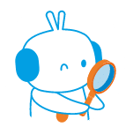 Mascotte Robot Chercheur : icône mignonne avec loupe. Mascotte de robot blanc et bleu avec des antennes, les yeux plissés, inspectant un détail avec une loupe orange.