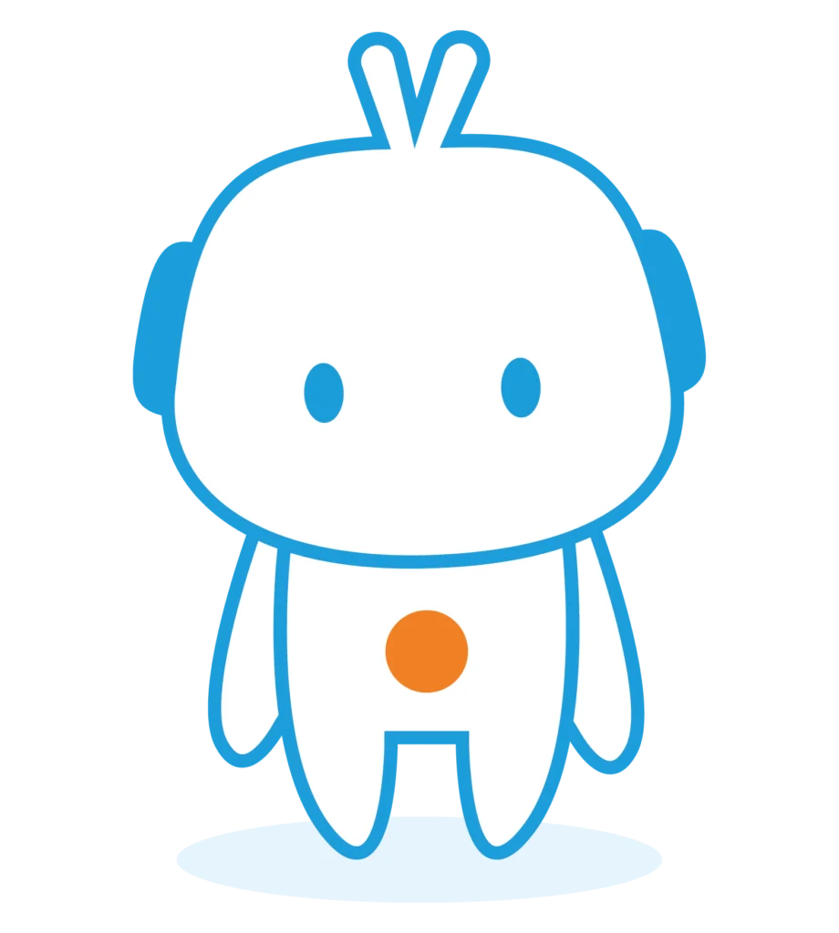 Mascotte robot mignonne : Illustration blanc, bleu et orange. Mascotte robot blanche avec contour bleu vif. Le personnage a des yeux bleus, des antennes en V et un grand point orange sur le torse.