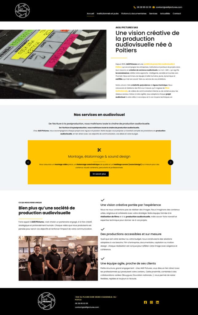 Production Audiovisuelle, Films & Services Akili Pictures Poitiers Clapperboard Akili Pictures : Mathieu Muller, 1/09/2024. Expert en production audiovisuelle, montage, étalonnage et sound design.