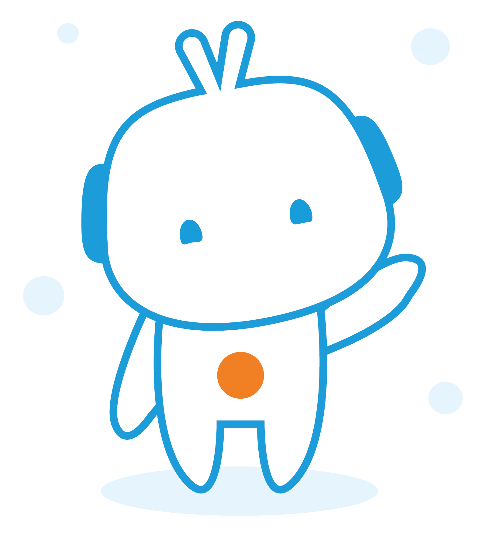 Mignonne mascotte robot blanche et bleue. Elle a des antennes, un bouton orange sur le torse, et salue de la main. Effet neigeux autour.