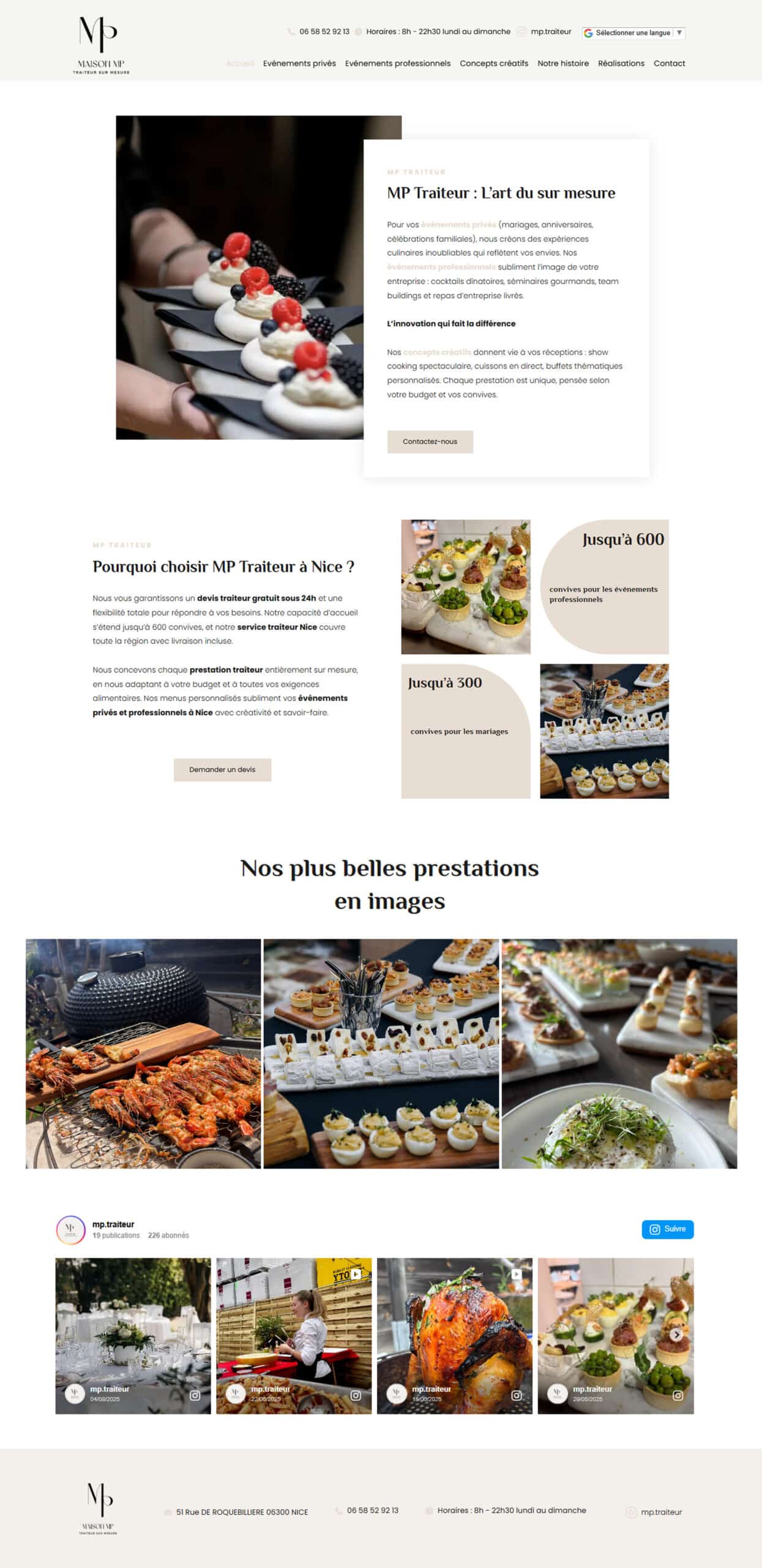 Traiteur Nice : Prestations Sur Mesure pour Mariage & Pro. Site de MP Traiteur à Nice. Buffets sur mesure et cocktails dînatoires pour événements privés et professionnels, capacité jusqu'à 600 convives.