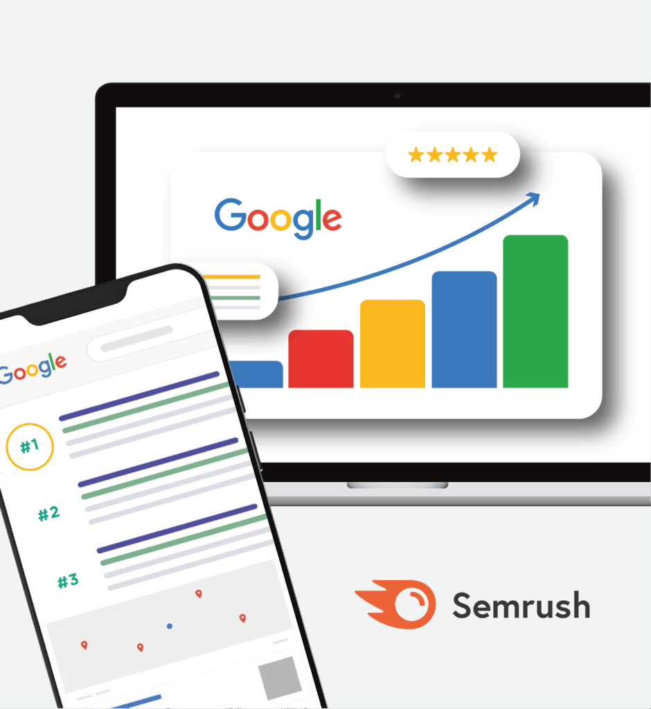 Classement Google SEO : atteignez la position #1 avec Semrush. Google : croissance SEO illustrée par un graphique et un classement #1 sur mobile. Outil de référencement Semrush affiché.