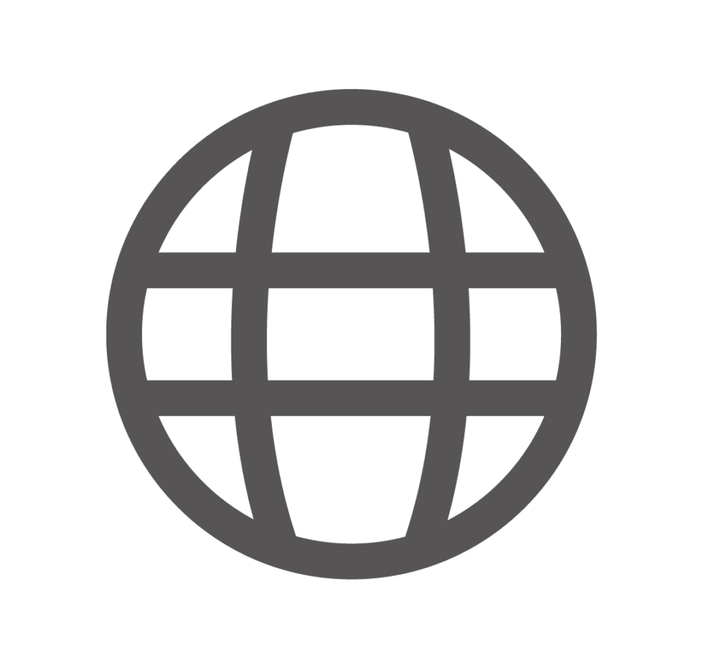 Icône Globe Web: Symbole universel du réseau Internet. Icône minimaliste gris foncé d'un globe terrestre avec une grille de méridiens et parallèles, symbolisant l'international, la langue ou le web.