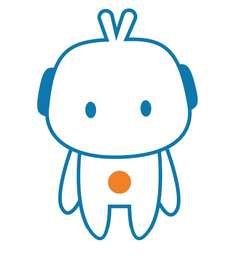 Robot Mascotte Minimaliste Blanc et Bleu avec Point Orange Petit robot blanc aux contours bleus avec un point orange sur le torse, style minimaliste et sympathique.